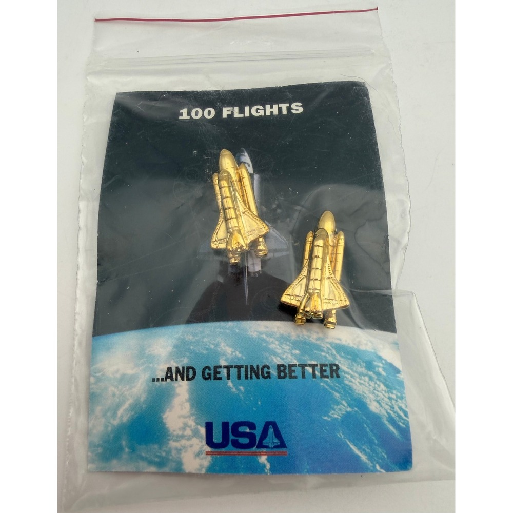 NASA Space Shuttle First 100 Flights Gold Tone Lapel Pin Set 2pc Commemorative